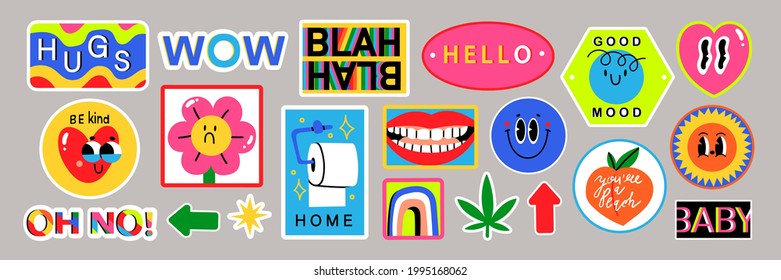 Set of Various Patches, Pins, Stamps or Stickers. Abstract funny cute comic Characters. Different Phrases and words. Hand drawn trendy Vector illustration. Cartoon style. All elements are isolated.