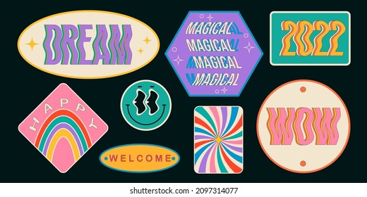 Set of Various Patches, pins, stamps or Stickers. Different Phrases and words. Cartoon style. All elements are isolated