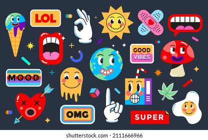 Set of Various Patches, pins, stamps or Stickers. Abstract funny cute comic Characters. Different Phrases and words. Hand drawn trendy cartoon style. Vector Illustration