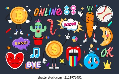 Set of Various Patches, pins, stamps or Stickers. Abstract funny cute comic Characters. Different Phrases and words. Hand drawn trendy cartoon style. Vector Illustration