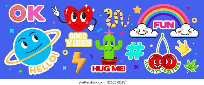 Set of Various Patches, pins, stamps or Stickers. Abstract funny cute comic Characters. Different Phrases and words. Hand drawn trendy cartoon style. Vector Illustration