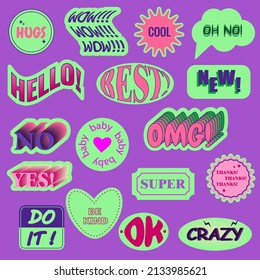 Set of various patches, pins, stamps or stickers. Abstract funny cute  Different Phrases and words.  All elements are isolated.