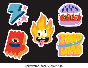 Set of various patches, pins, stamps or stickers. Abstract funny cute comic characters. Various phrases and words. Hand drawn trendy vector illustration. Cartoon style. All elements are isolated.