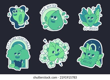 Set of various patches, pins, stamps or stickers. Abstract funny cute comic characters. Environmental agenda. Hand drawn fashion vector illustration. Cartoon style. Green technologies.