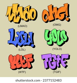 Set of Various Patches, pins, stamps or Stickers. "Lmao", "Omg", "Lol", "Yolo", "Wtf", "Tgif", Graffiti lettering sticker vector