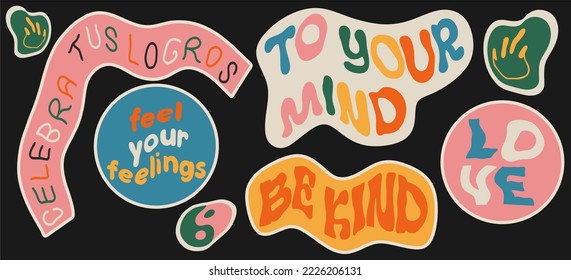 Set of various patches, stamps or stickers. Various phrases and words, floating text. Psychedelic style 60s, hippie. Hand drawn trendy vector illustration. Cartoon style. All elements are isolated.