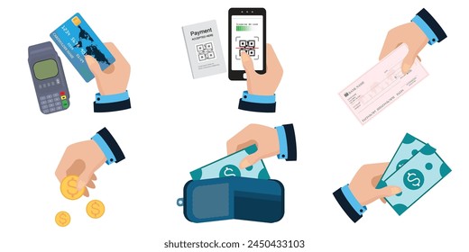 Set of various payment options isolated on white background. Hands with cash, mobile banking, credit card, check, coins. Financial operations, transactions, and payment concepts. Vector illustrations.