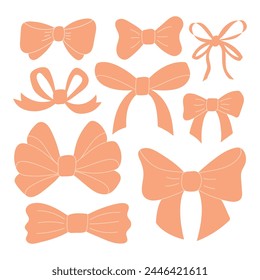 Set of various peach fuzz bow knots, gift ribbons. Trendy hair braiding accessory. Hand drawn vector illustration.
