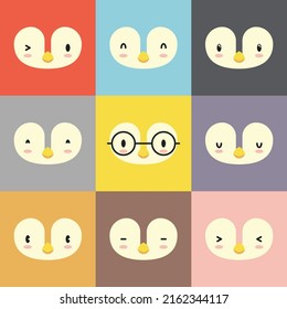 Set of various penguin facial expression avatars. Adorable cute baby animal head vector illustration. Simple flat design of happy smiling animal cartoon face emoticon. Colorful square background.