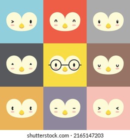 Set of various penguin facial expression avatars. Adorable cute baby animal head vector illustration. Simple flat design of happy smiling animal cartoon face emoticon. Colorful square background.