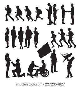 Set of various people activities vector silhouette.