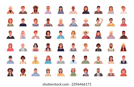 Conjunto de avatares de varias personas. Retratos de usuarios. Diferentes íconos de la cara humana. Personajes masculinos y femeninos. Hombres y mujeres sonrientes. Ilustración vectorial de estilo de caricatura plana