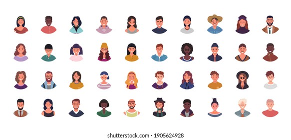 Set of various people avatars vector illustration. Multiethnic user portraits. Different human face icons. Male and female characters. Smiling men and women.