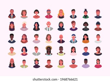 Set of various people avatars vector illustration. Multiethnic user portraits. Different human face icons. Male and female characters. Smiling men and women.
