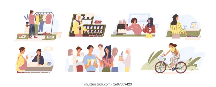 Set of various people conscious consumption lifestyle vector flat illustration. Collection of different person enjoying eco-friendly way of life isolated on white. Saving environment together