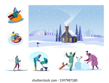 Set of various people having fun at winter. Flat vector illustrations of family making snowman, woman skiing, standing with pram. Winter leisure concept for banner, website design or landing web page