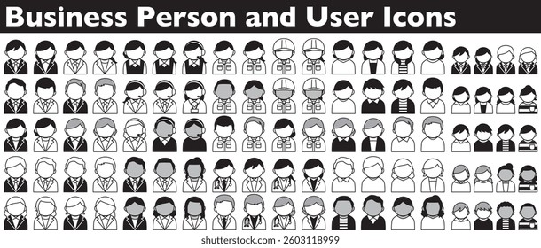 A set of various people icons, including businessmen, support desks, and users. Monochrome and simple people avatars.