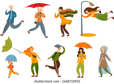 Set of various people on a rainy and windy day. Vector illustration in flat cartoon style.
