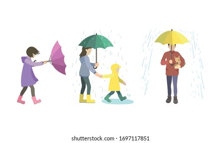 Set of various people on a rainy and windy day. Vector illustration in flat cartoon style.