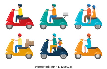 Set of various people on two-wheeled scooters serving for movement and delivery. Vector illustration in flat cartoon style