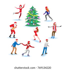 Set of various people in santa red hat skating on ice rink with christmas tree.Vector