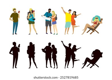 Conjunto de turistas de varias personas. Parejas enamoradas y solteros con entradas, mapa y equipaje. Colección de personajes humanos simples y siluetas aisladas sobre fondo blanco. Ilustración vectorial plana