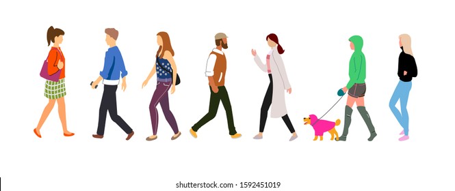 Set of various people walking down the street. Flat design style.  Vector illustration