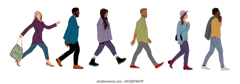 Set of Various people walking side view.