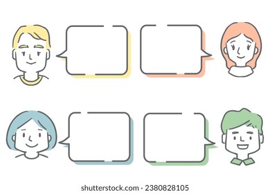 Set of various people's face icons and speech bubbles.