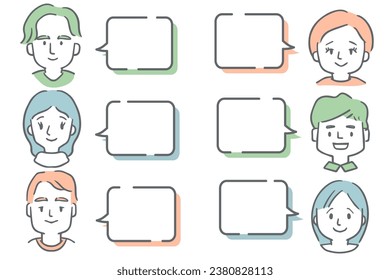Set of various people's face icons and speech bubbles.