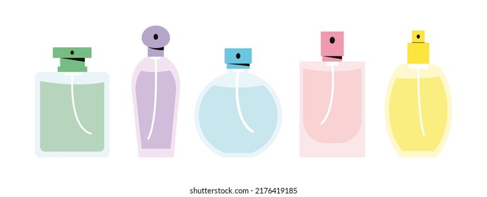 Set of various perfume beauty products. Fragrance, perfume, essences, scent. Different glass bottles and flasks, toilet water and spray. For cosmetic companies, perfumery shop. Flat illustration.