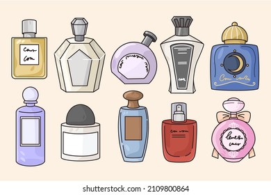 Set of various perfume bottles of different shapes and sizes. Collection of fragrance packaging. Cosmetics and beauty industry concept. Hygiene. Eau de parfum. Flat vector illustration. 