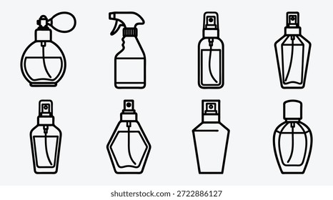 Conjunto de vários frascos de perfume e pulverizadores em estilo de arte de linha simples no fundo cinza claro vários frascos de perfume
