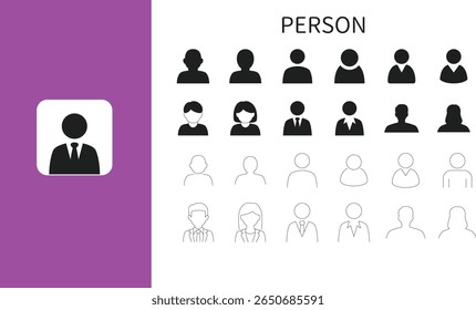 A set of various person icons representing users, profiles, and avatars in different styles and designs.