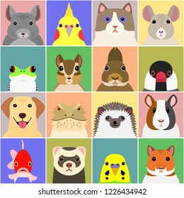 set of various pet animals face