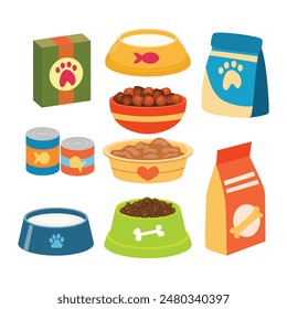 Set of various pet food cartoon collection, packages of dry and wet canine and feline food. Bowl of milk and water for dog or cat. Pet shop or store concept, domestic animal, care concept illustration