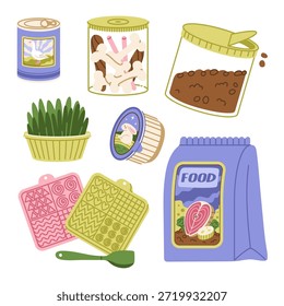 Conjunto de vários tipos de alimentos para animais de estimação, incluindo bolinho seco em um saco, comida molhada em uma lata, prato saboroso e doces saborosos. Ilustração de vetor plano
