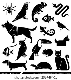 Set of various pet icons. Dog, cat, hamster, parrot, canary, spider, lizard, chameleon, tortoise, snake, aquarium fish. Can be incorporated in logo due to their geometrical style.  