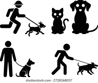 Conjunto de vários ícones de animais de estimação, incluindo pessoas andando com cães e silhuetas de gato e cachorro sentado.