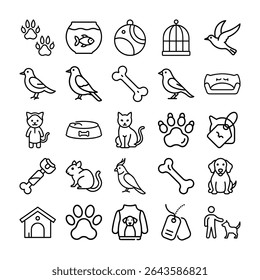A set of various pet related icons in outline style, including animals and accessories, on a white background.