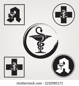 Reihe verschiedener Pharmacy-Symbole mit Caduceus Symbol, Letter A und Swiss Cross Symbol in Schwarz und Weiß