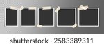 Set of various photo frames with adhesive tape on transparent background. Minimalist vector mockup. Template for collage, photo album, social media post, poster, portfolio