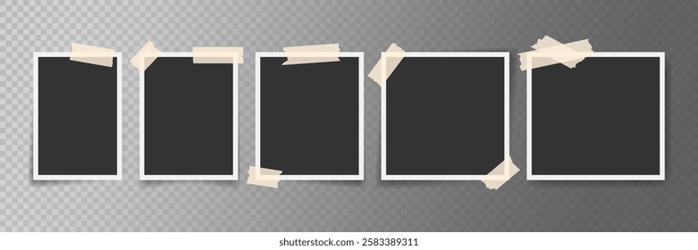 Set of various photo frames with adhesive tape on transparent background. Minimalist vector mockup. Template for collage, photo album, social media post, poster, portfolio