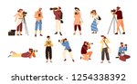 Set of various photographers holding photo camera and photographing. Creative profession or occupation. Cute female and male cartoon characters take photo shot. Colored vector illustration flat style.