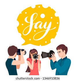 Set of various photographers holding photo camera and photographing. Creative profession or occupation. Cute female and male cartoon characters take photo shot. Photographer character illustration