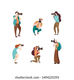 Set of various photographers holding photo camera and photographing. Creative profession or occupation. Cute female and male cartoon characters take photo shot. Colored vector illustration flat style.