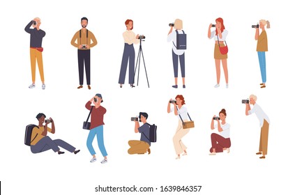 Set of various photographers holding photo camera and photographing.  Cute female and male cartoon characters take photo shot. Vector illustration in a flat style