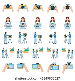 Set of various photographers holding photo cameras and taking pictures. Profession or creative work. Cute woman and man cartoon characters taking photo shot. Flat style colored vector illustration.