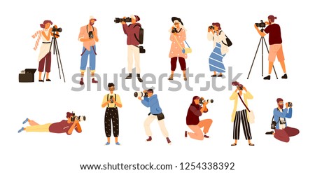 Set of various photographers holding photo camera and photographing. Creative profession or occupation. Cute female and male cartoon characters take photo shot. Colored vector illustration flat style.