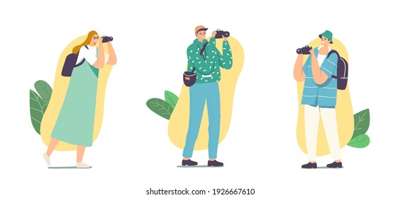 Set Various Photographers with Photo Camera. Creative Profession or Occupation. Female or Male Characters Photographing Take Photo Shot. Creative Hobby, Traveling. Cartoon People Vector Illustration